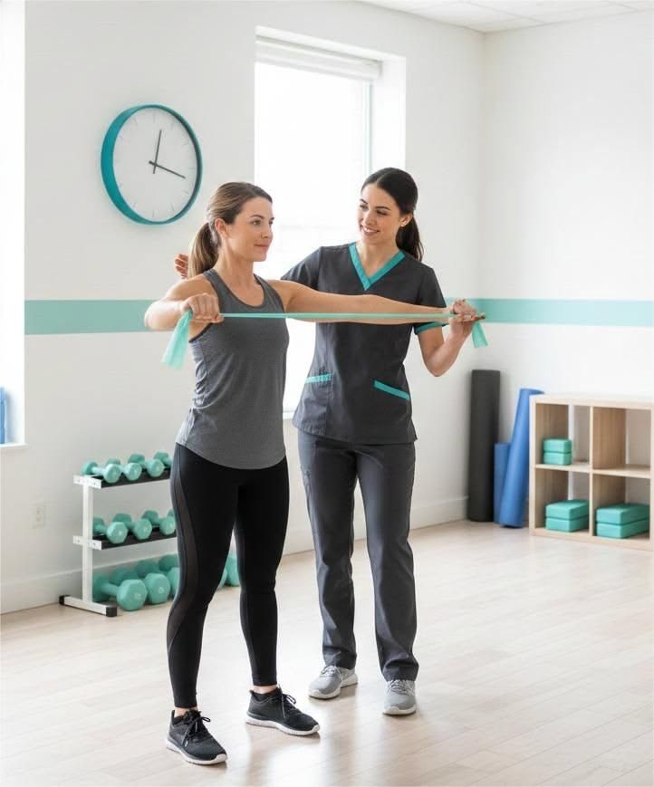 Une kinésithérapeute guide une patiente pendant un exercice avec un élastique