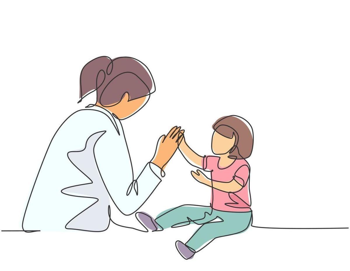 Illustration au trait : une soignante et une petite fille se tapent dans la main