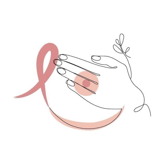 Illustration au trait : une main posée sur un sein, ruban rose